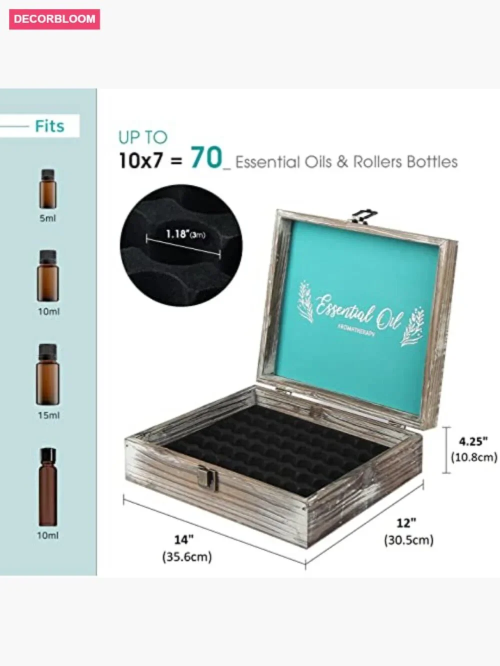 Essential Oil Storage Box with 70 Slots, Wooden Organizer for 5-15 ml Bottles